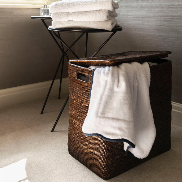 Luxury Classic Artisan Brown rattan wicker bathroom bin, rectangular rattan wicker laundry basket, Rebecca Udall