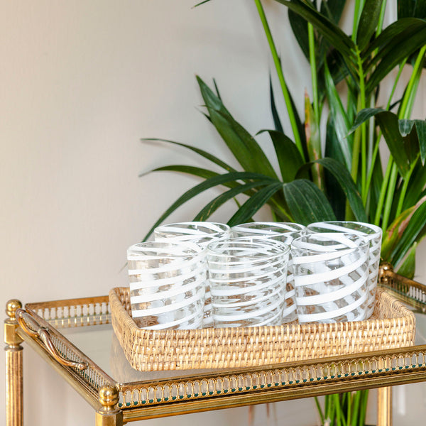 Rebecca Udall Alicia Murano Glass Tumbler, White with the Rattan Serving Tray