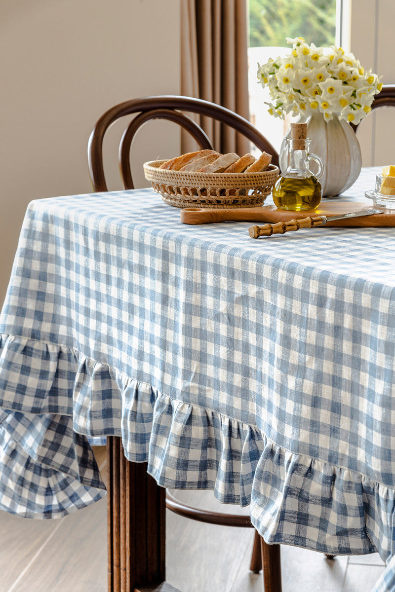Ruffle Gingham Linen Tablecloth, Denim Blue