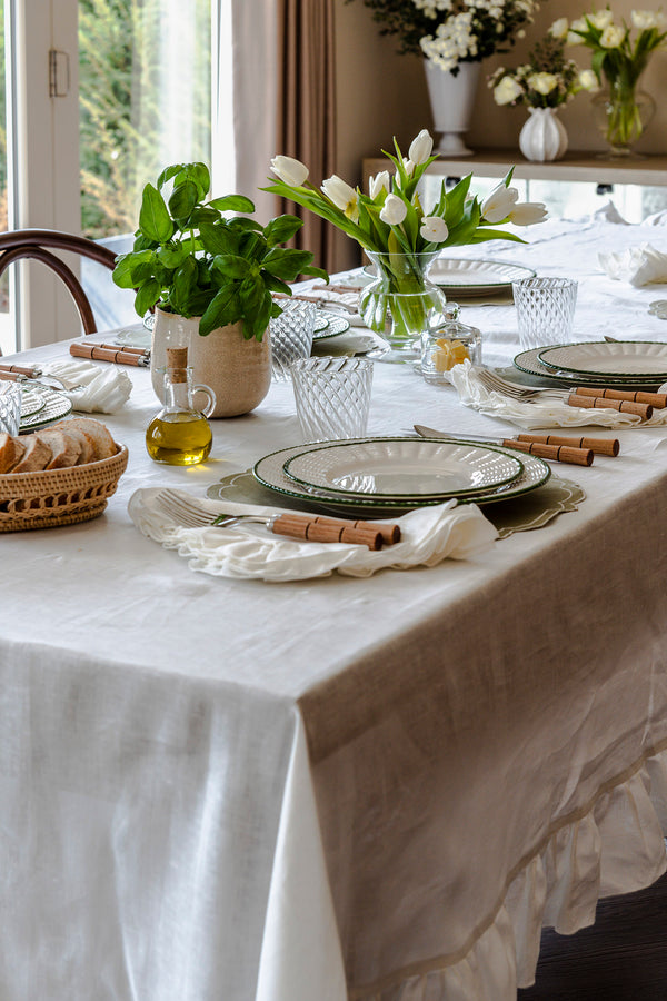 Ruffle Irish Linen Tablecloth, Ivory