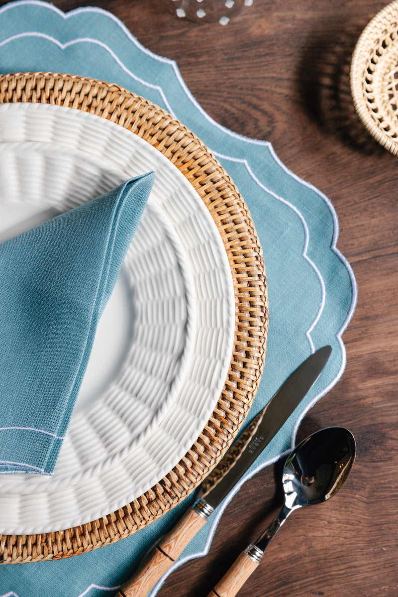 Rebecca Udall Stella Waxed linen with embroidered cotton trim placemat. Tropical Peacock Blue, White