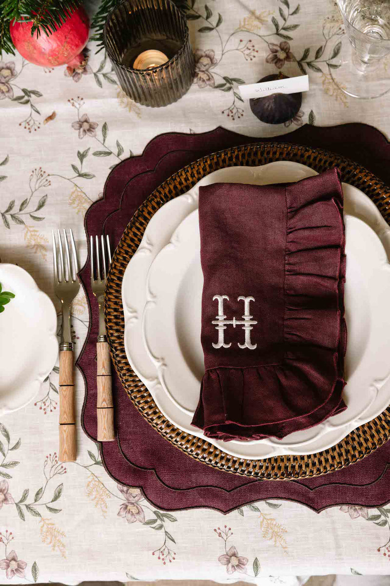 Pair of Stella Waxed Italian Linen Placemats, Burgundy/Chocolate