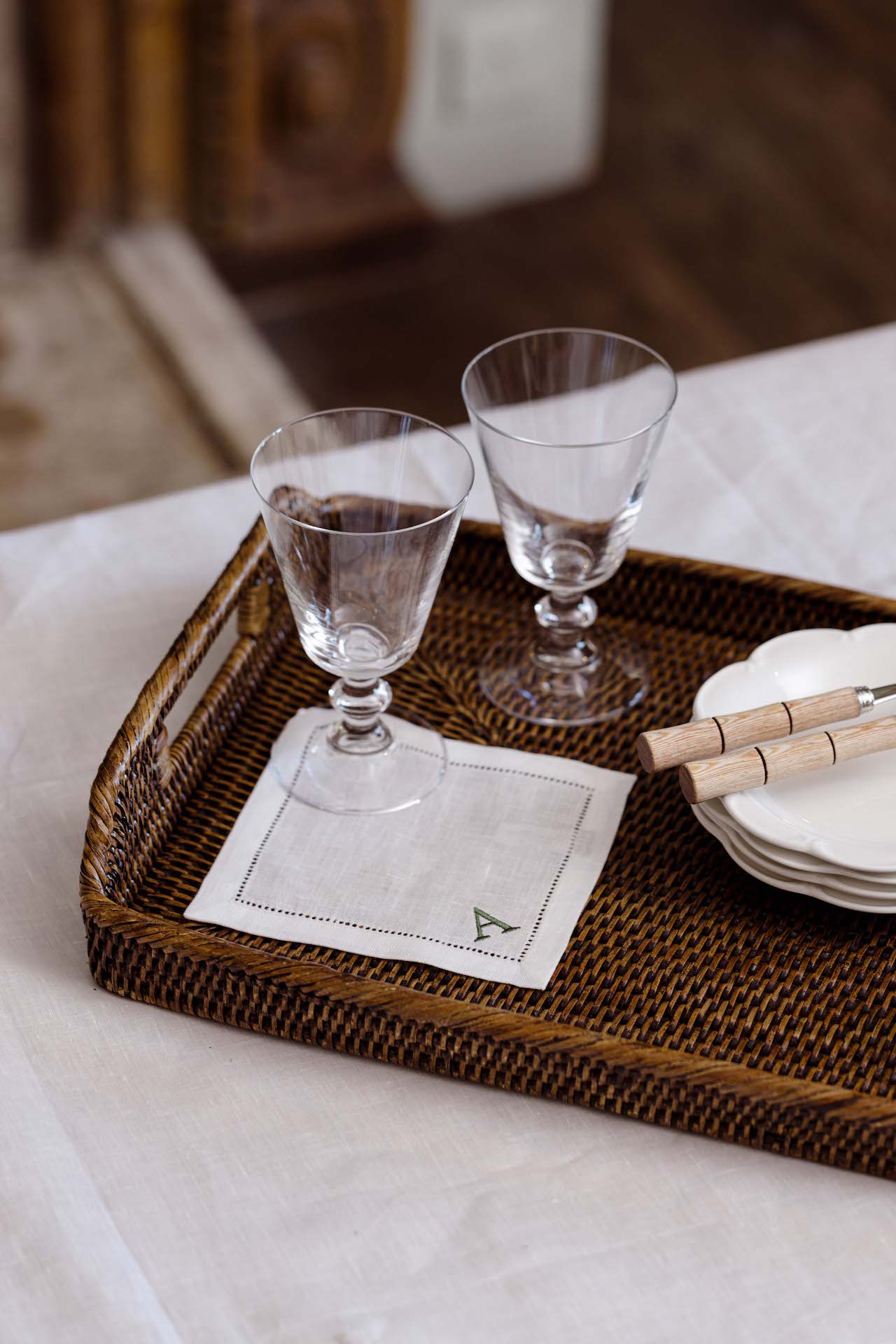 Rebecca Udall Set of 4 Classic Hemstitch Linen Coasters, White with the Rattan Serving Tray