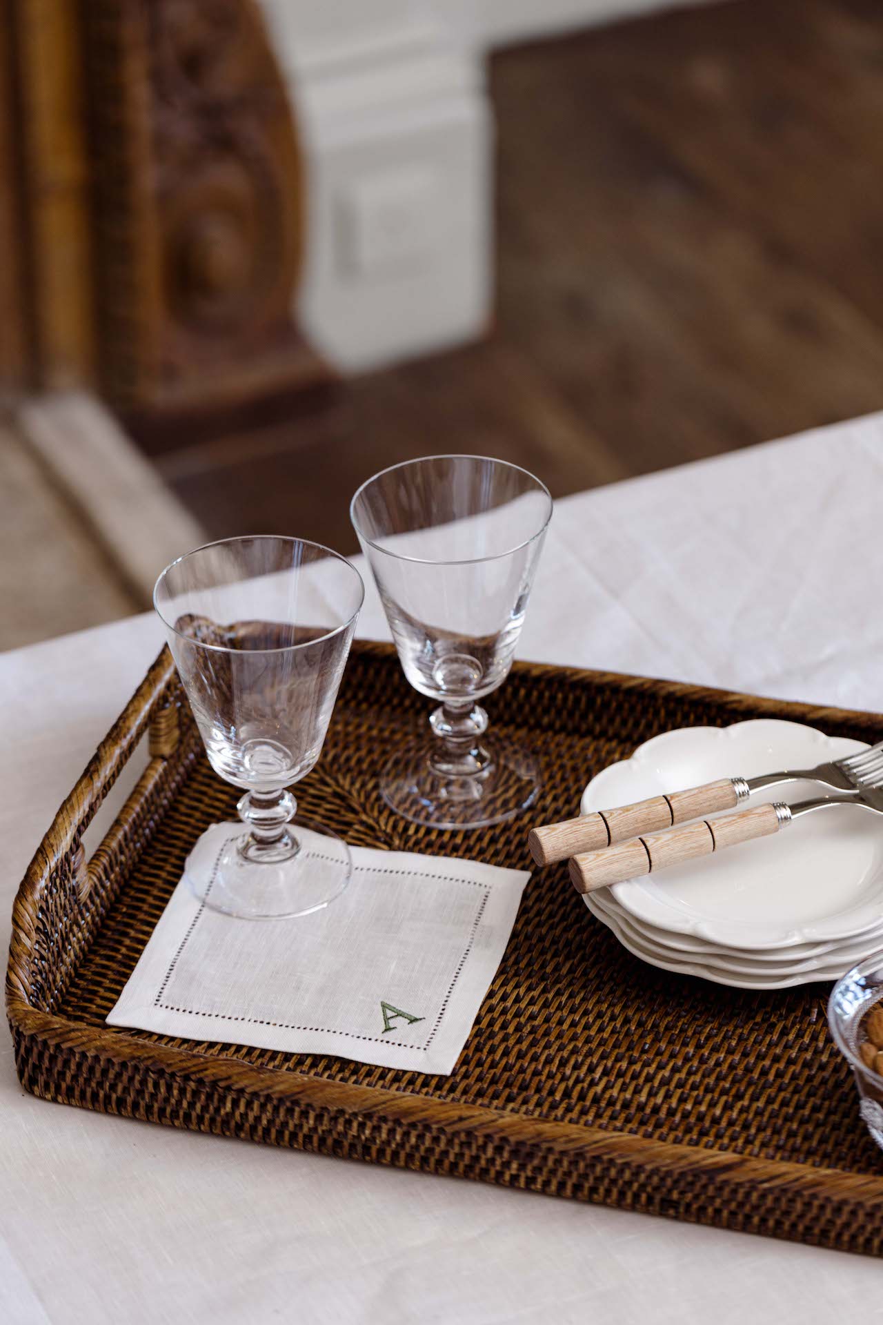 Rebecca Udall, Luxury Classic Handwoven Rattan Wicker Tray with the Evelyn Crystal Wine Glasses