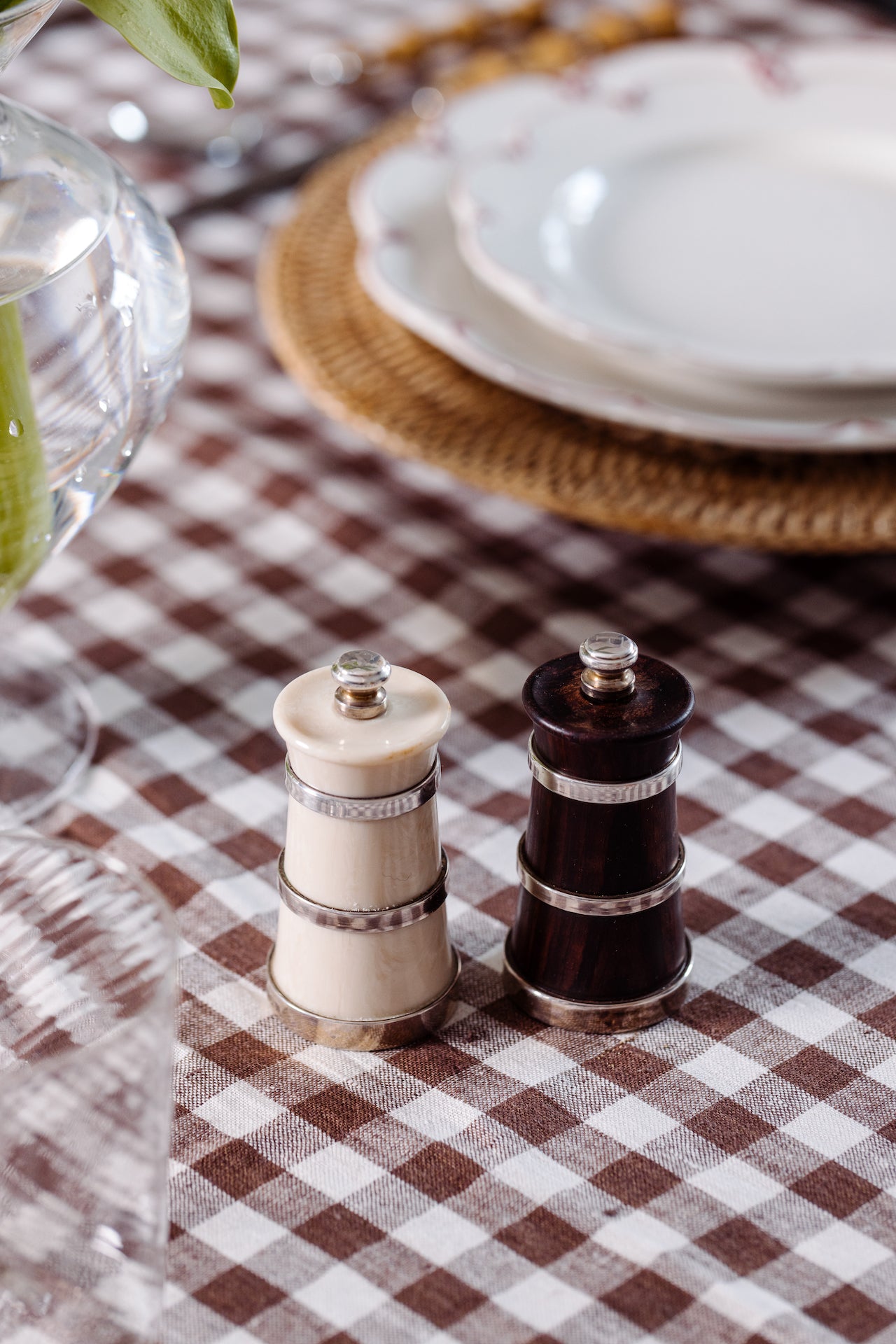 Rebecca Udall Silver & Rosewood Pepper Mill with Ruffle Gingham Tablecloth