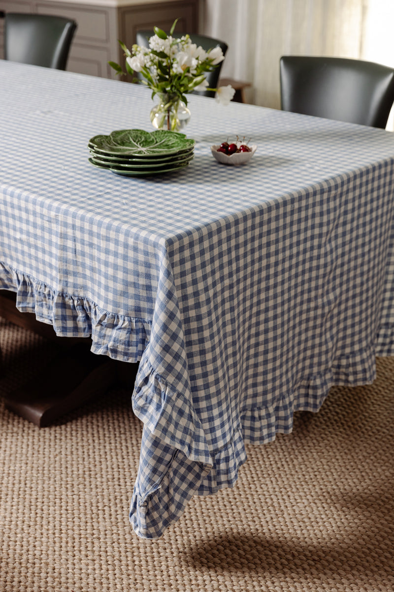 Ruffle Gingham Linen Tablecloth, Denim Blue