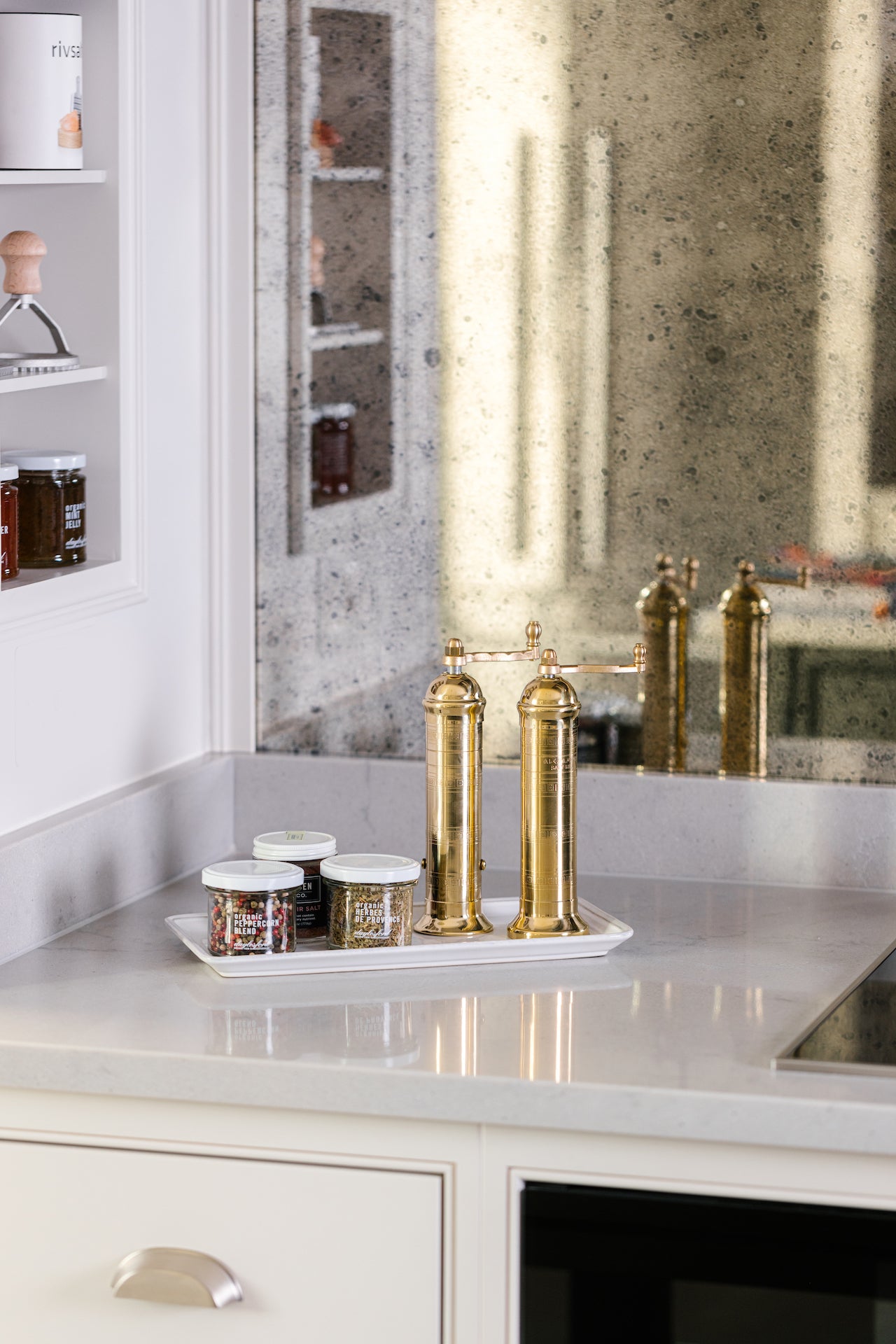 Rebecca Udall, Brass Salt and Pepper Mill Set, Kitchen Counter Set Up