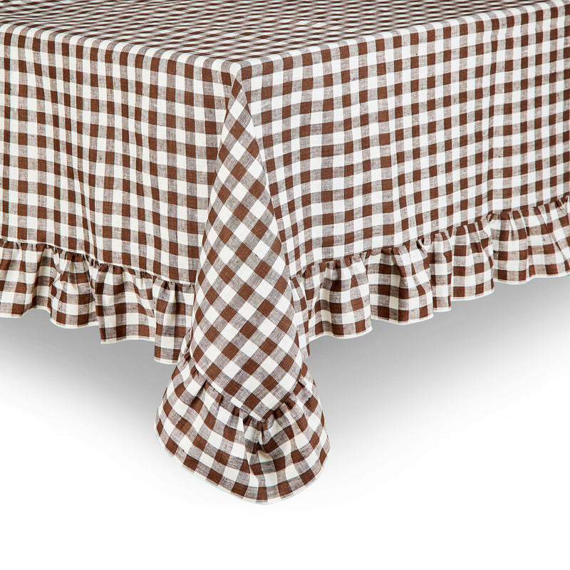 Luxury Chic Picnic Gingham Ruffle frilled  brown chocolate Linen tablecloth, Christmas wedding tablecloth