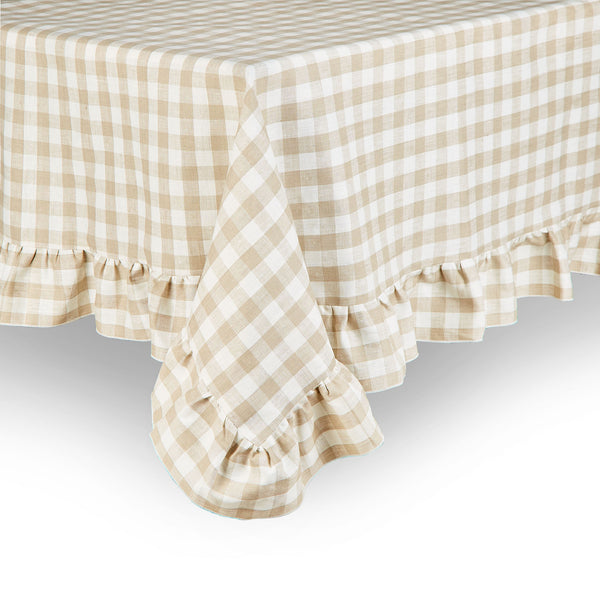 Luxury Chic Picnic Gingham Rufflefrilled  taupe Linen tablecloth, Christmas wedding tablecloth