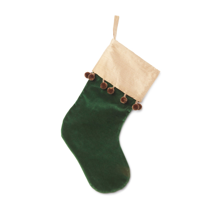 luxury Christmas velvet and silk pom pom Christmas stocking fir dark green
