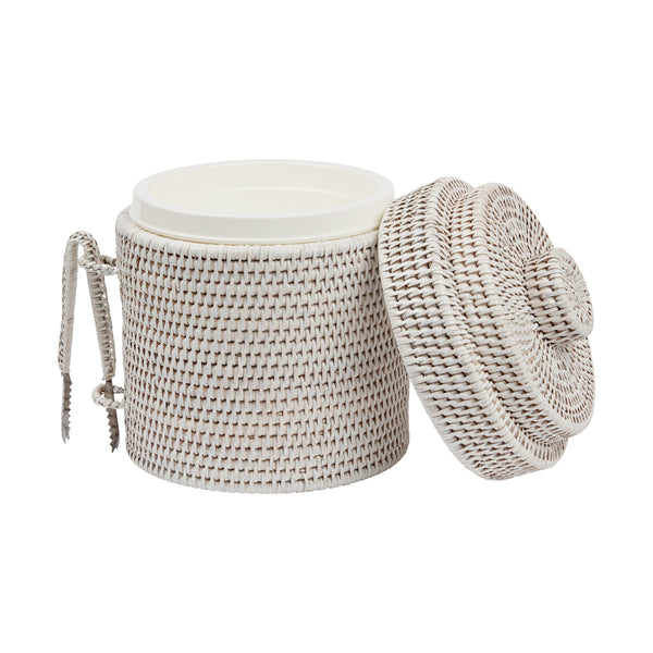 rattan ice bucket with tongs insulated white