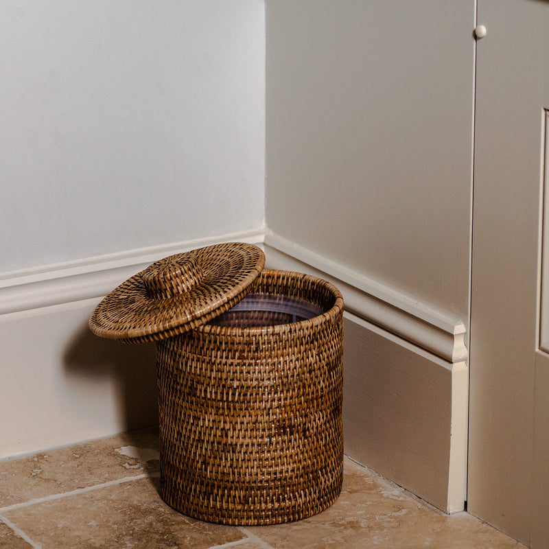 Rebecca Udall Rattan wicker woven bathroom bin with lid, Brown