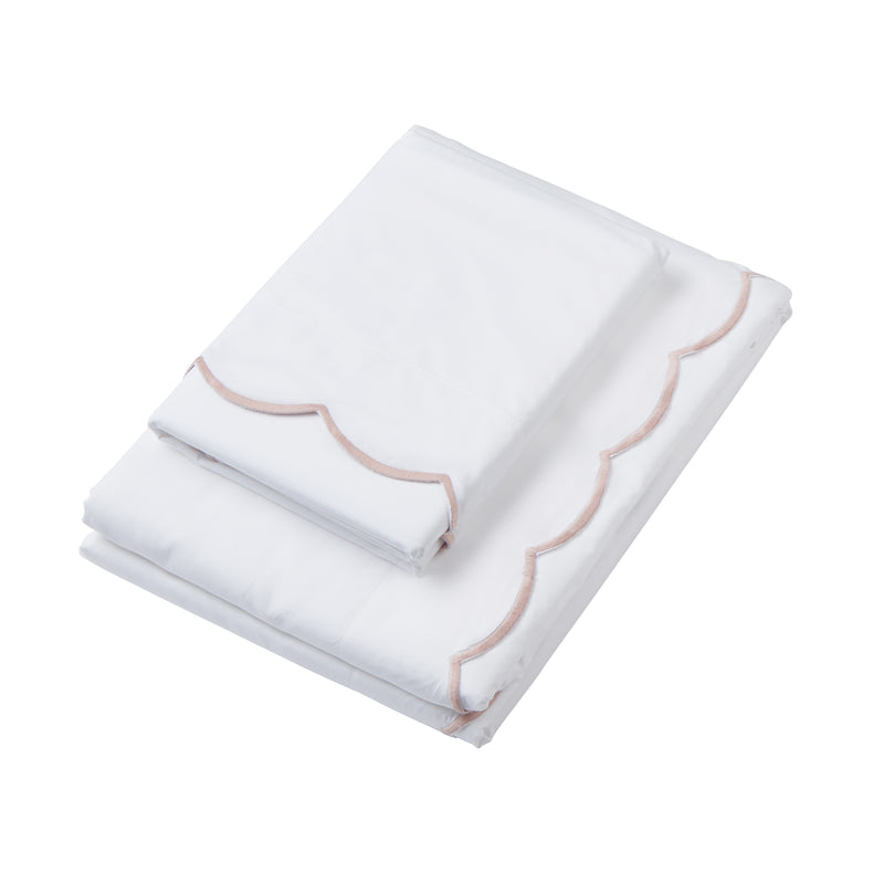 Rebecca Udall scalloped wavy bed linen, bedding, pillow case, duvet cover, white dusty pink trim 
