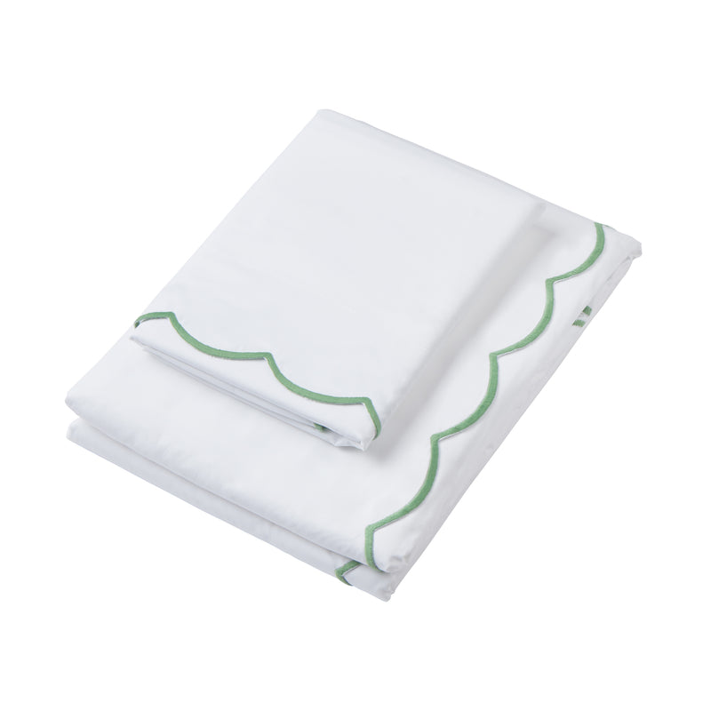 Rebecca Udall Annabelle Scalloped Wavy Bed Linen, bedding pillow duvet cover in  White Asparagus Green Trim