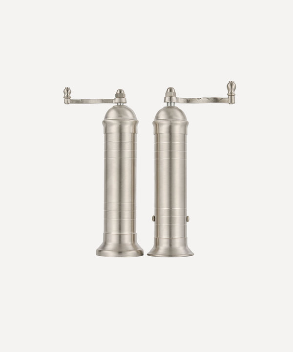 Brushed Nickel metal Salt and pepper mill grinder set with handles