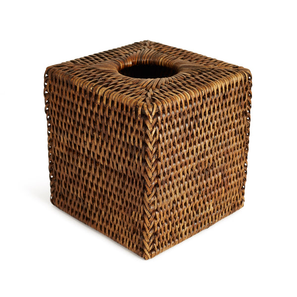 Rebecca Udall, artisan handwoven rattan wicker square tissue box cover, brown