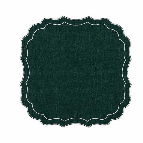 waxed italian linen european scalloped luxury placemat table setting luxury dark forest green christmas festive holidays