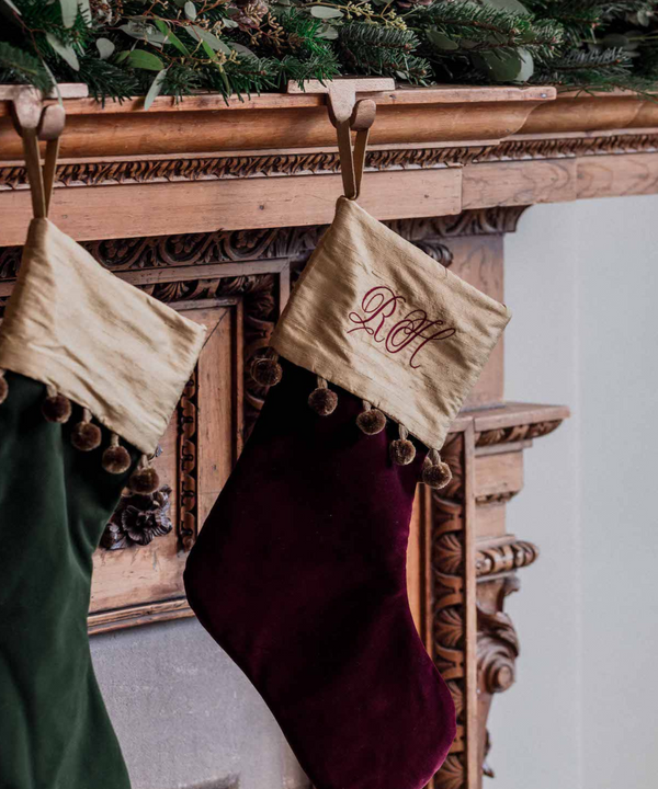 Velvet & Silk Pom Pom Christmas Stocking, Burgundy