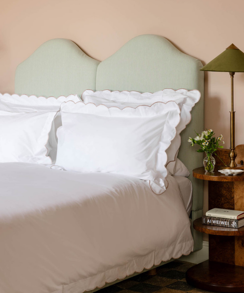 Rebecca Udall scalloped wavy bed linen, bedding, pillow case, duvet cover, white dusty pink trim 
