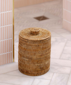 Rebecca Udall Rattan wicker woven bathroom bin with lid, Natural brown
