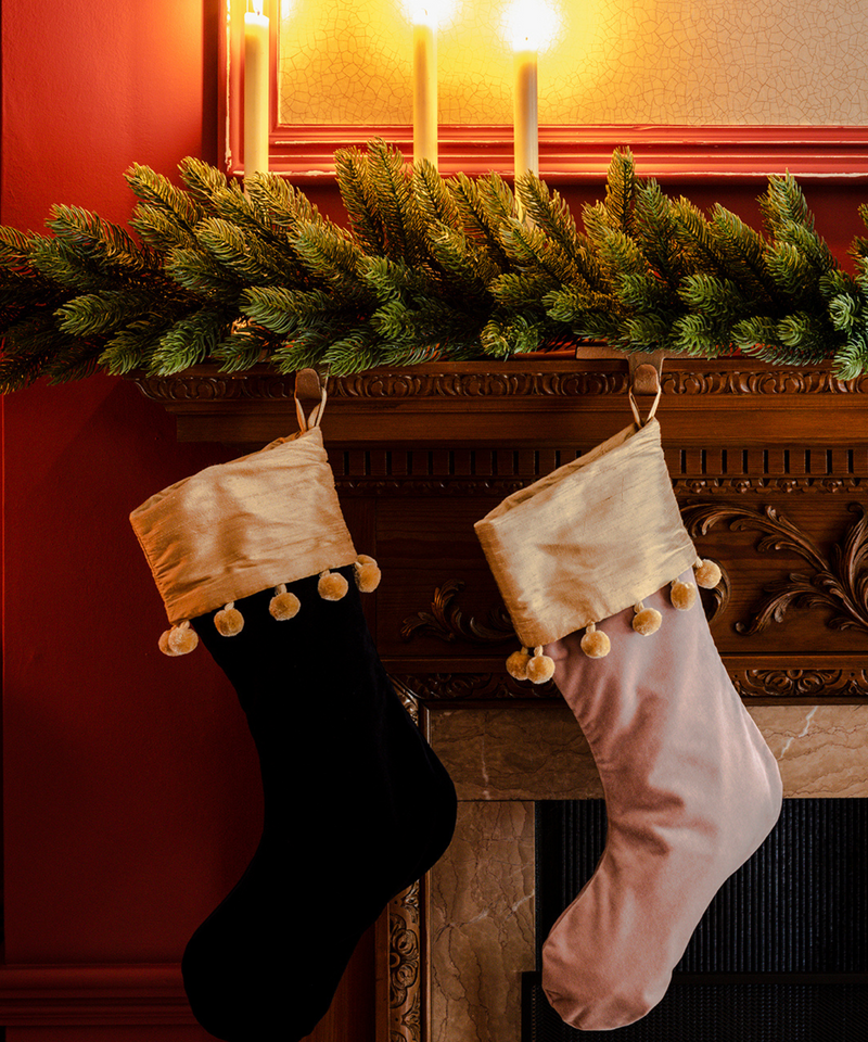 luxury Christmas velvet and silk pom pom Christmas stocking pink