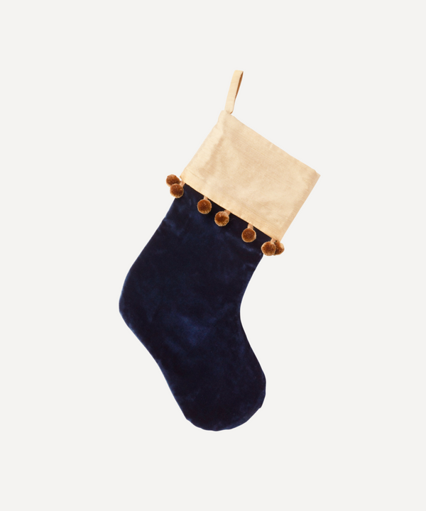 luxury Christmas velvet and silk pom pom Christmas stocking fir blue navy