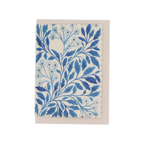 Vintage hand printed scalloped thank you card blue gift floral
