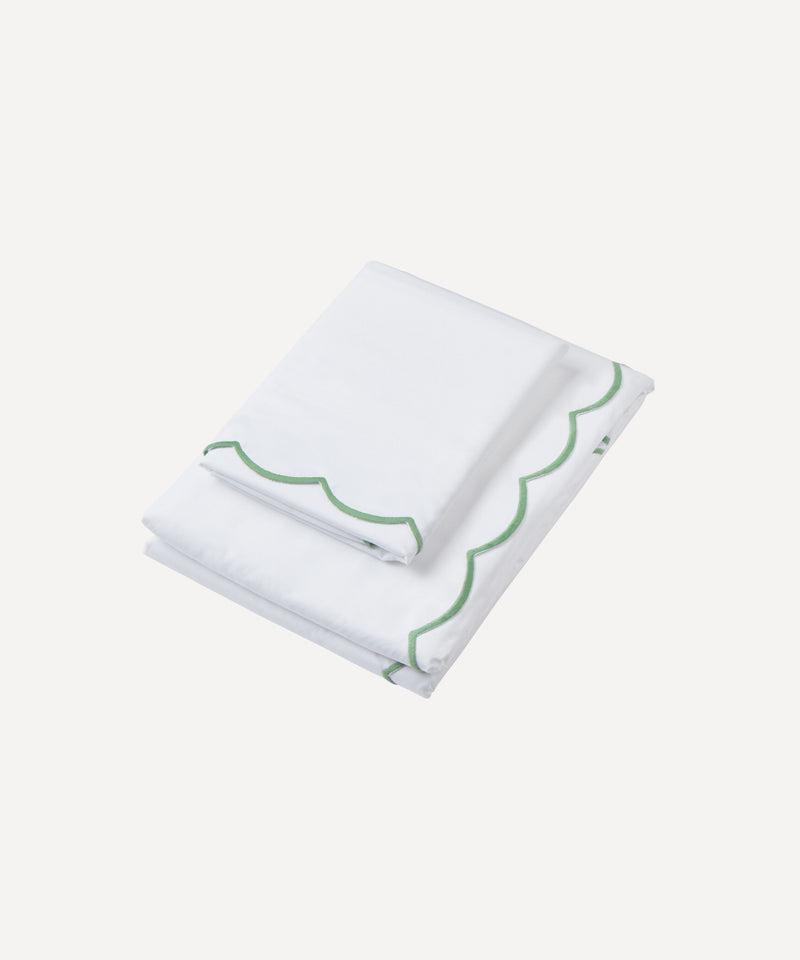 Rebecca Udall Annabelle Scalloped Wavy Bed Linen in  White Asparagus Green Trim