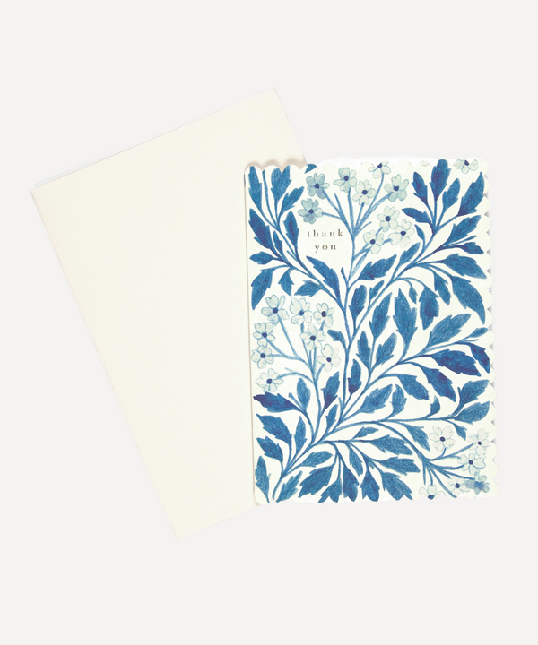 Vintage hand printed scalloped thank you card blue gift floral