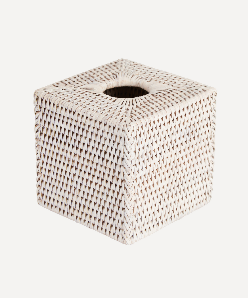 Rebecca Udall woven rattan wicker square tissue box, rustic white 