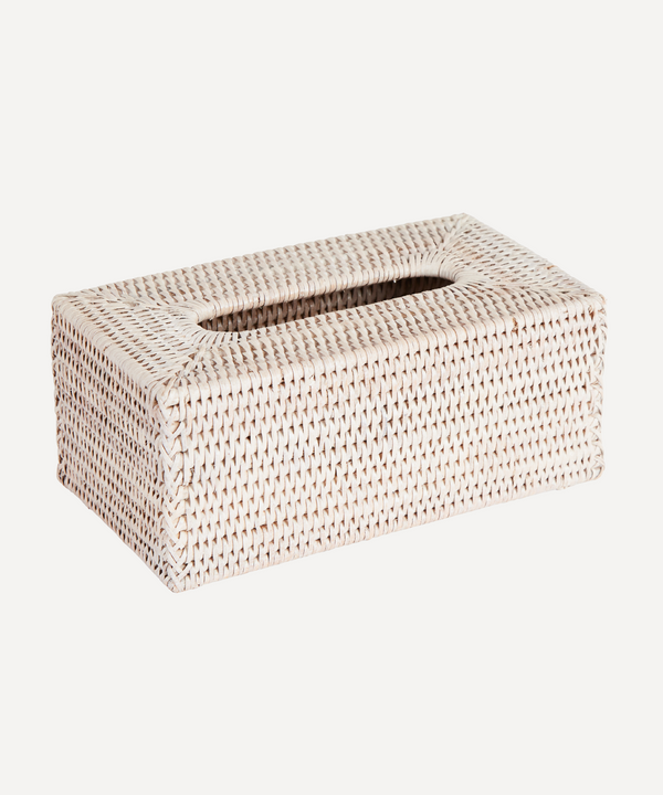 Rebecca Udall woven rattan wicker, rectangular tissue box cover in rustic white