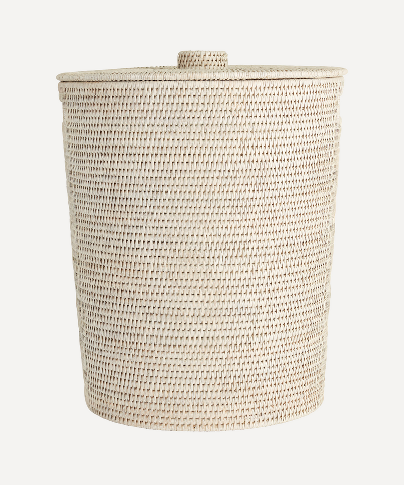 Rebecca Udall woven rattan wicker round laundry basket with lid, Rustic White 