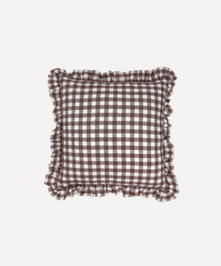 Frill Gingham Square Linen Cushion Cover Chocolate Brown