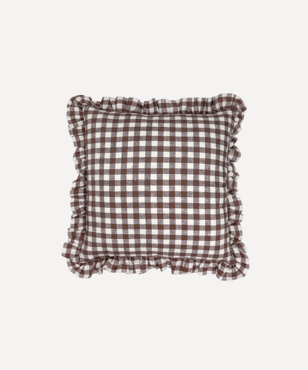 Brown chocolate gingham linen ruffle frill cushion cover square