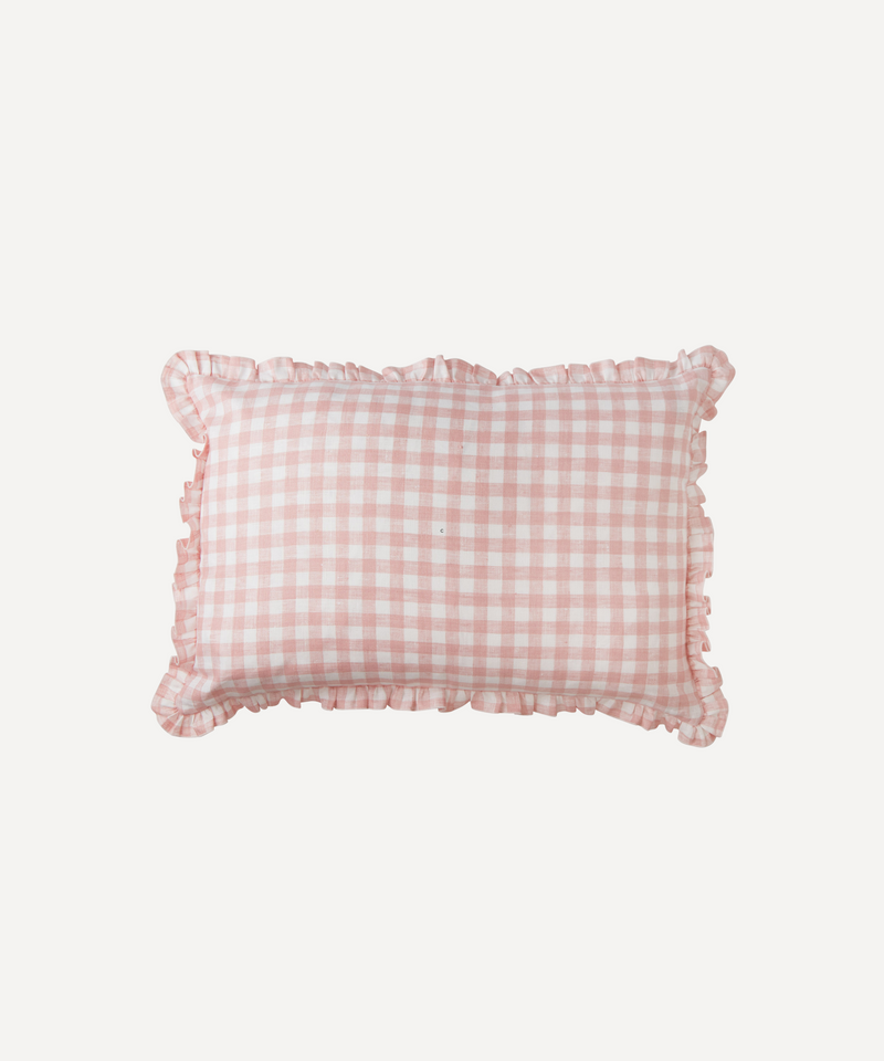 Ruffle Gingham Linen Rectangular Cushion Cover, Dusty Pink